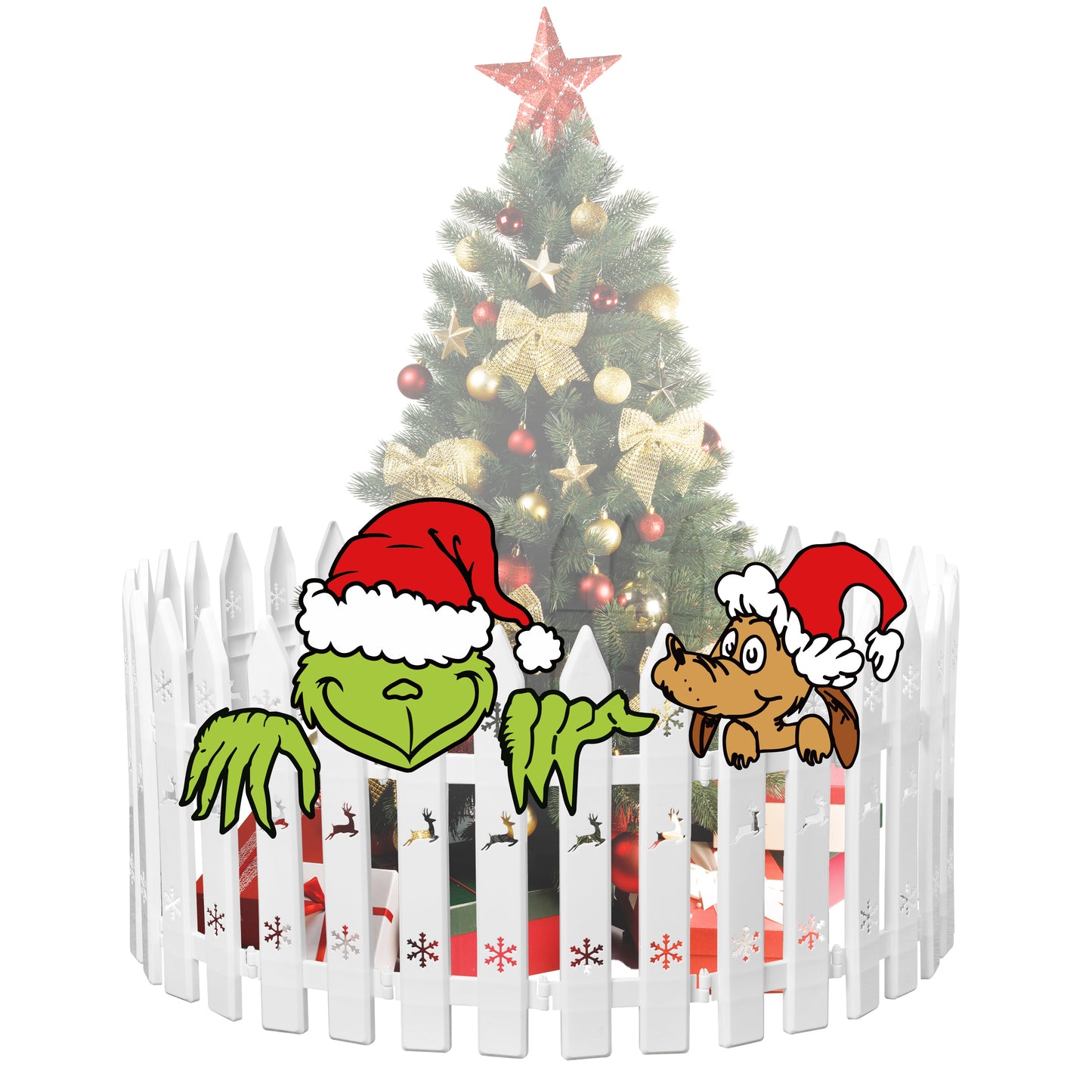 CZgfva 24Pcs Green Monster Fence Peeker Decoration Set Thick White Plastic Picket Christmas Tree Fence with Funny Green Monster Dog Fence Peeker Sign Whoville Christmas Decor for Xmas Party Home Yard