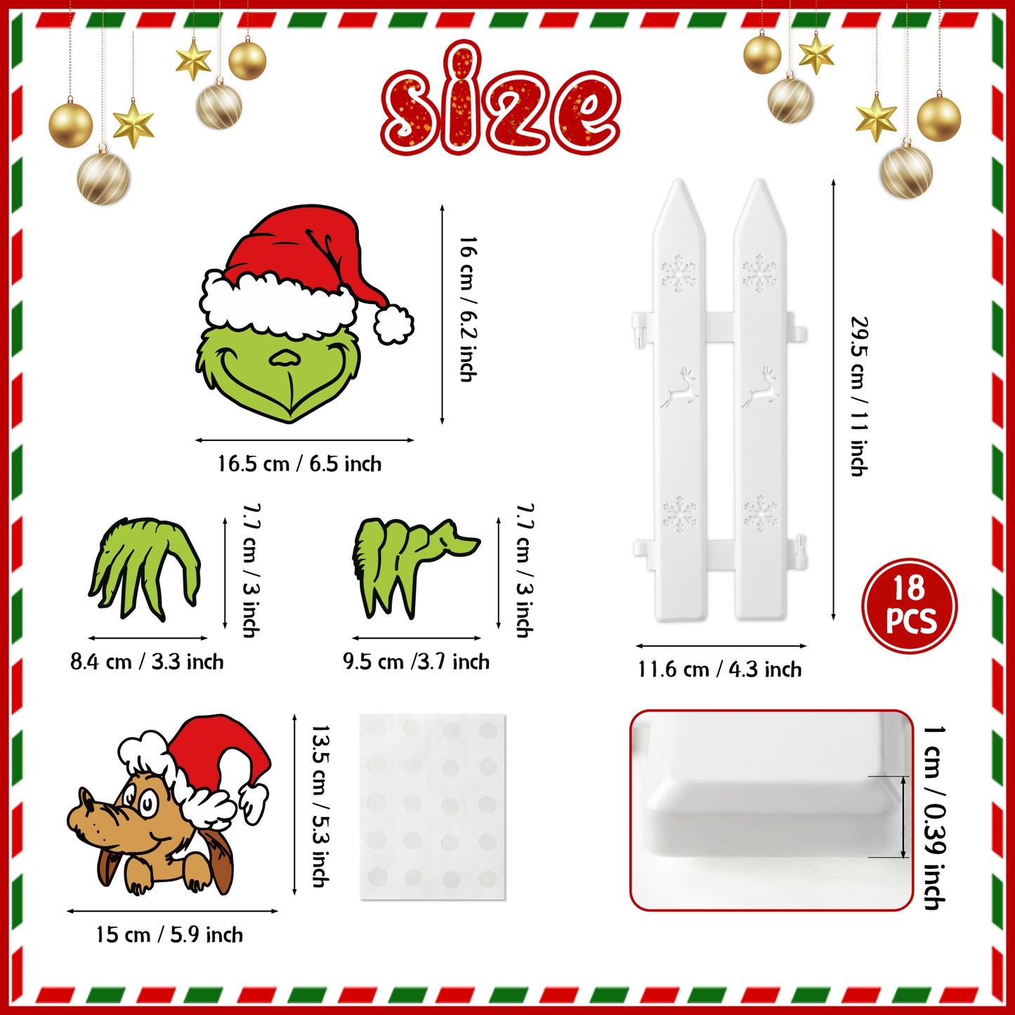 CZgfva 24Pcs Green Monster Fence Peeker Decoration Set Thick White Plastic Picket Christmas Tree Fence with Funny Green Monster Dog Fence Peeker Sign Whoville Christmas Decor for Xmas Party Home Yard