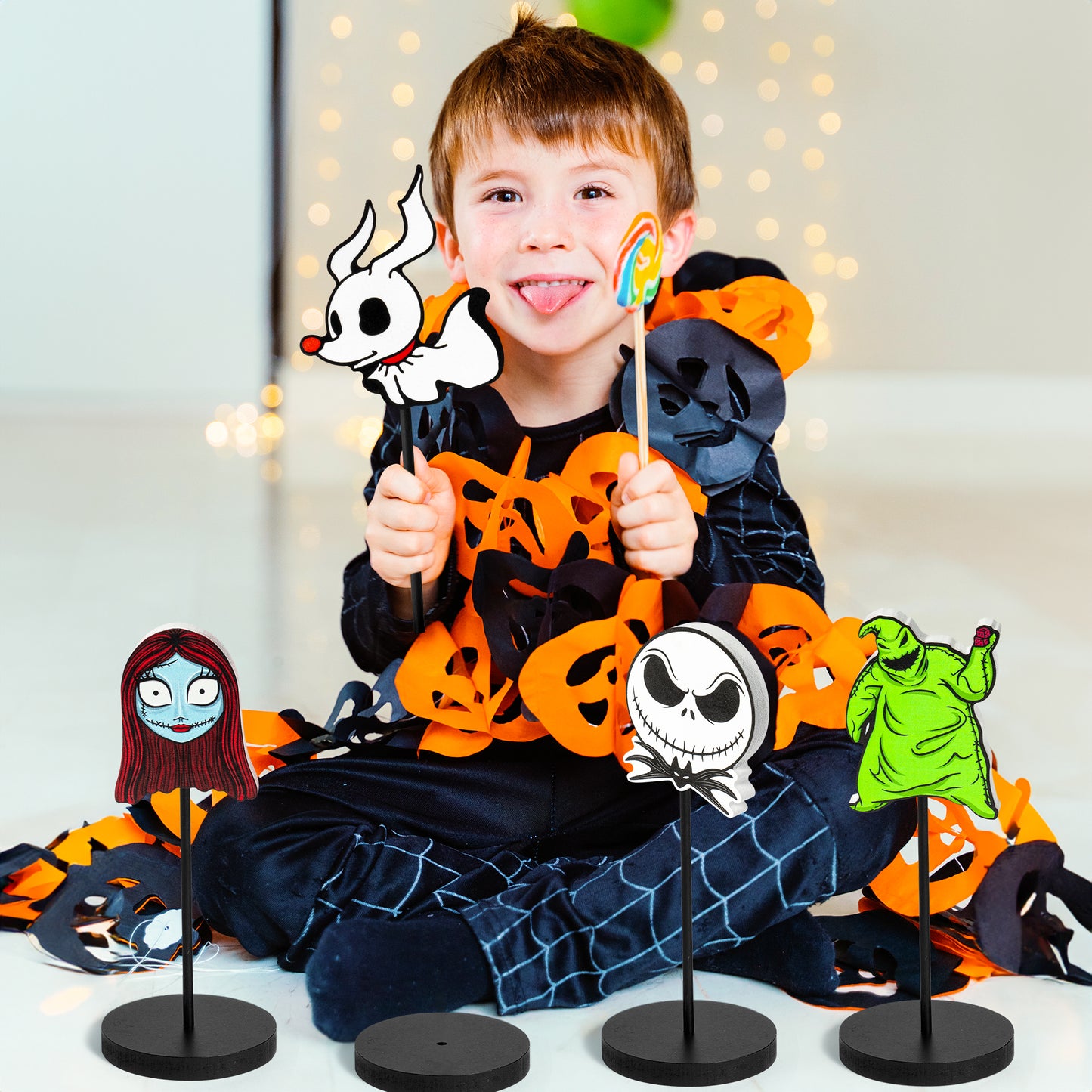 CZgfva 4Pcs Nightmare Sally Table Centerpiece Tall Standing Block Decor Zreo Dog Cartoon Horrible Themed Decor Halloween Christmas Rustic Wooden Tiered Tray Sign for Home Decor Photo Props
