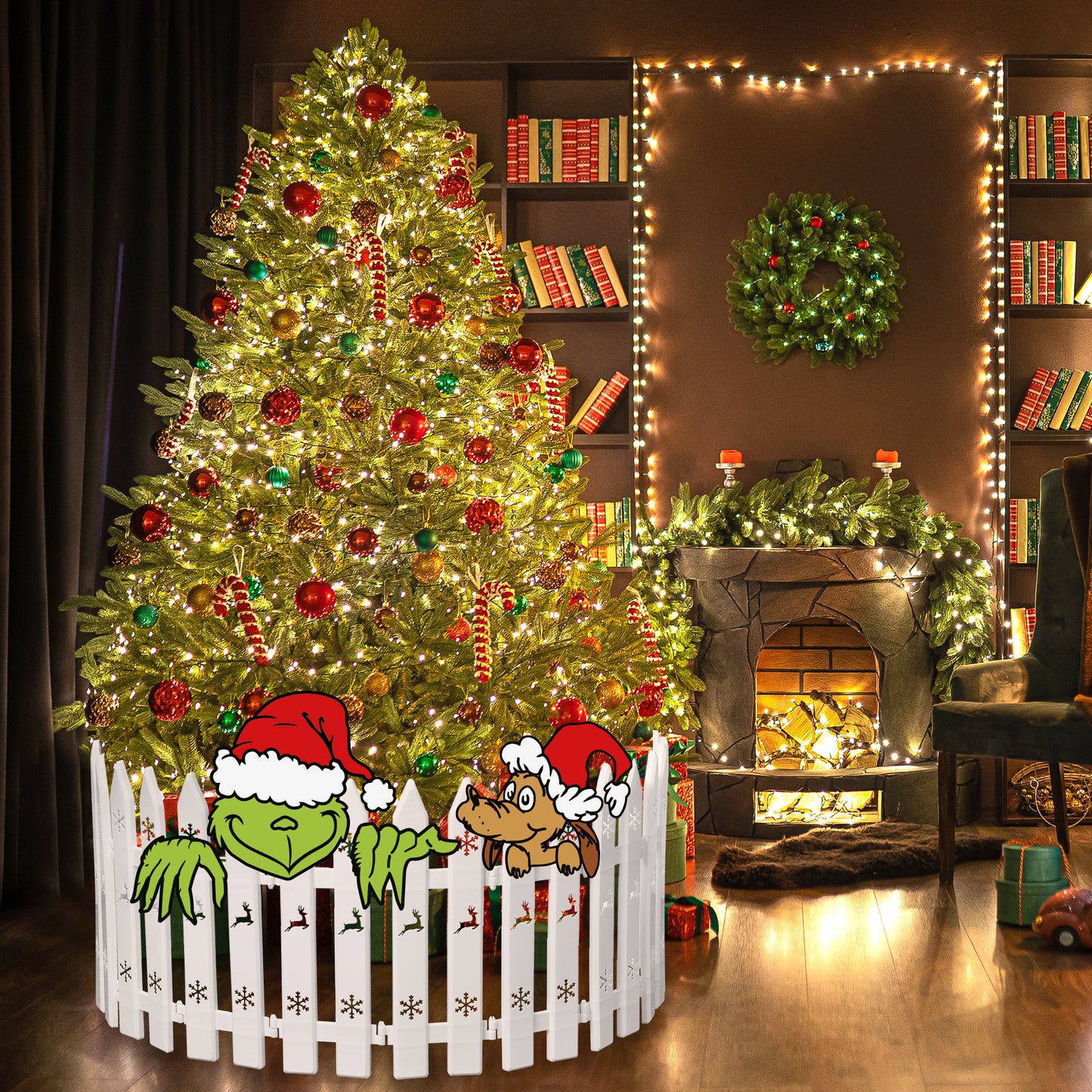 CZgfva 24Pcs Green Monster Fence Peeker Decoration Set Thick White Plastic Picket Christmas Tree Fence with Funny Green Monster Dog Fence Peeker Sign Whoville Christmas Decor for Xmas Party Home Yard