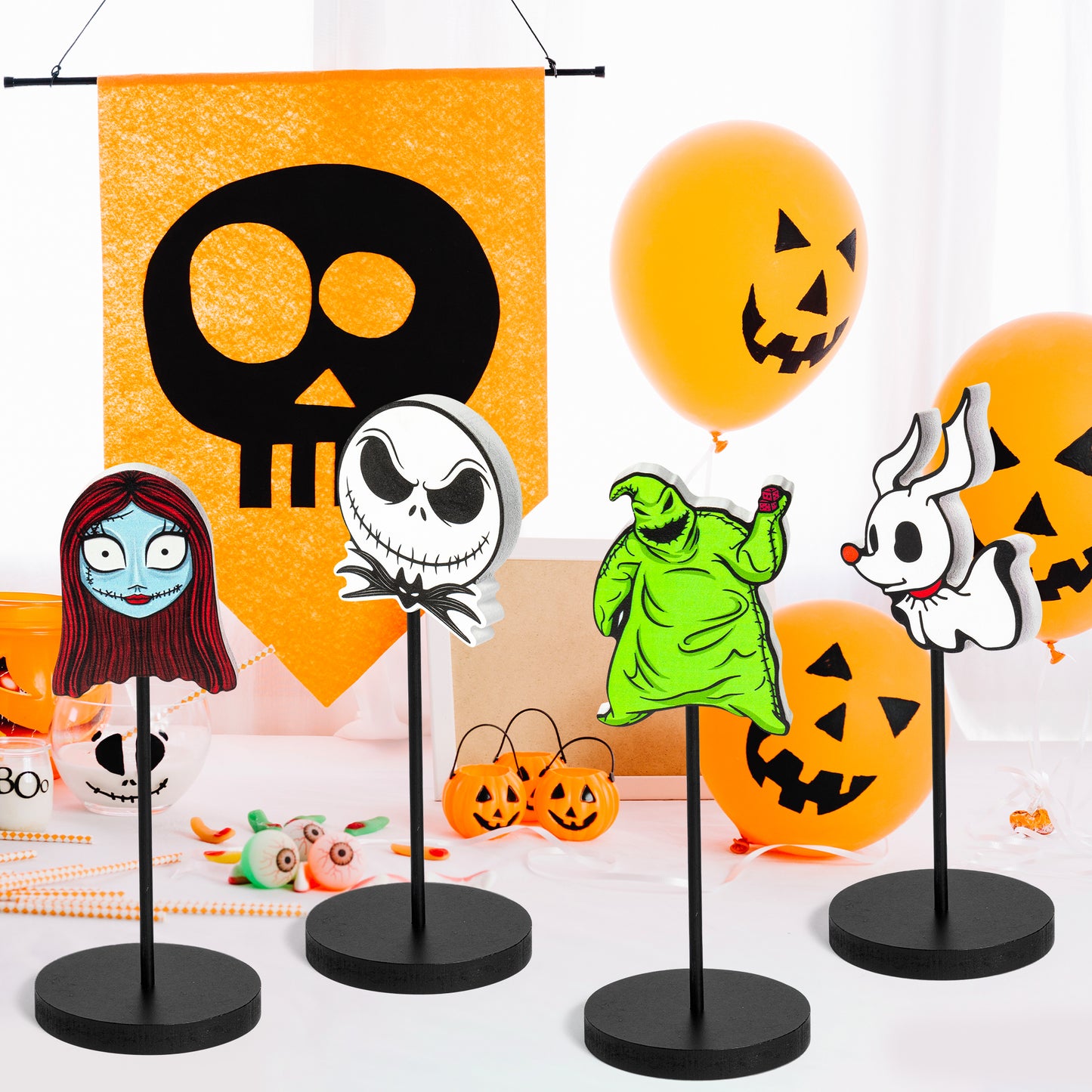 CZgfva 4Pcs Nightmare Sally Table Centerpiece Tall Standing Block Decor Zreo Dog Cartoon Horrible Themed Decor Halloween Christmas Rustic Wooden Tiered Tray Sign for Home Decor Photo Props