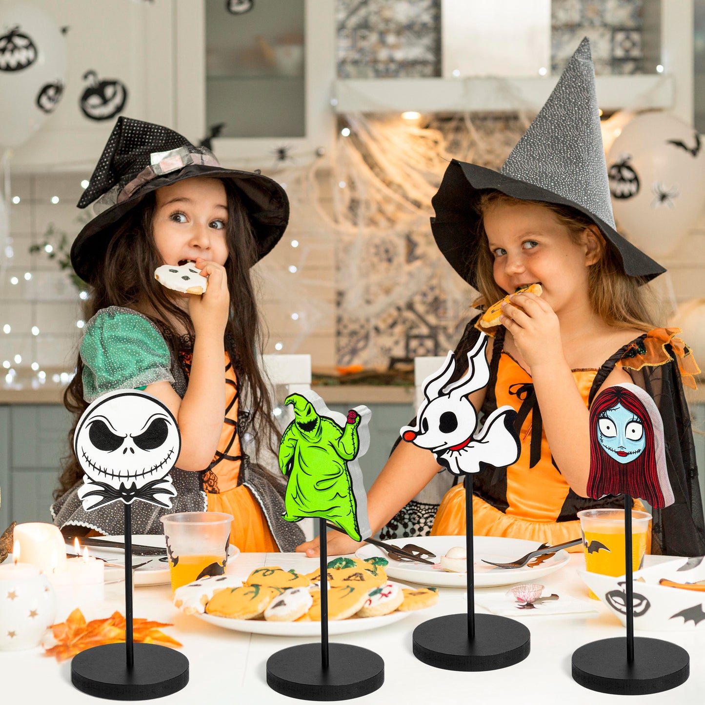 CZgfva 4Pcs Nightmare Sally Table Centerpiece Tall Standing Block Decor Zreo Dog Cartoon Horrible Themed Decor Halloween Christmas Rustic Wooden Tiered Tray Sign for Home Decor Photo Props