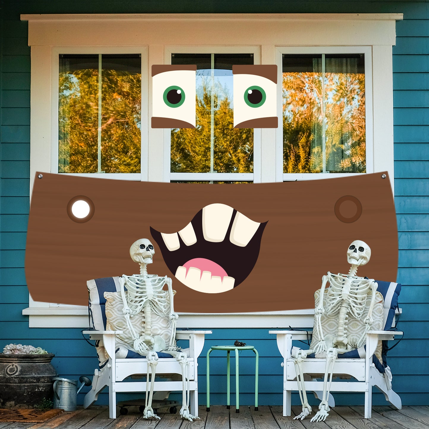 CZgfva 9Pcs Halloween Race Car Trunk or Treat Car Decorations Kit Brown Car Tablecover Large Eyes Mouth Face Race Car Theme Indoor Outdoor Decor Halloween Party Supplies for Car Garage Home Archway