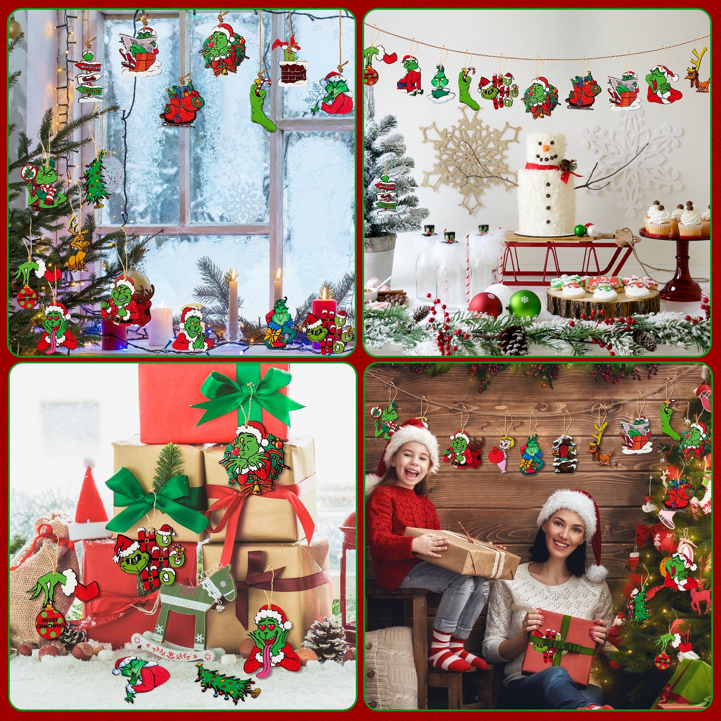 CZgfva 51Pcs Christmas Green Monster Wooden Hanging Ornament Green Monster Reindeer Cartoon Slices Cutout with Rope Whoville Decoration Hanging Tag Pendant for Christmas Tree Xmas Party Supplies Decor