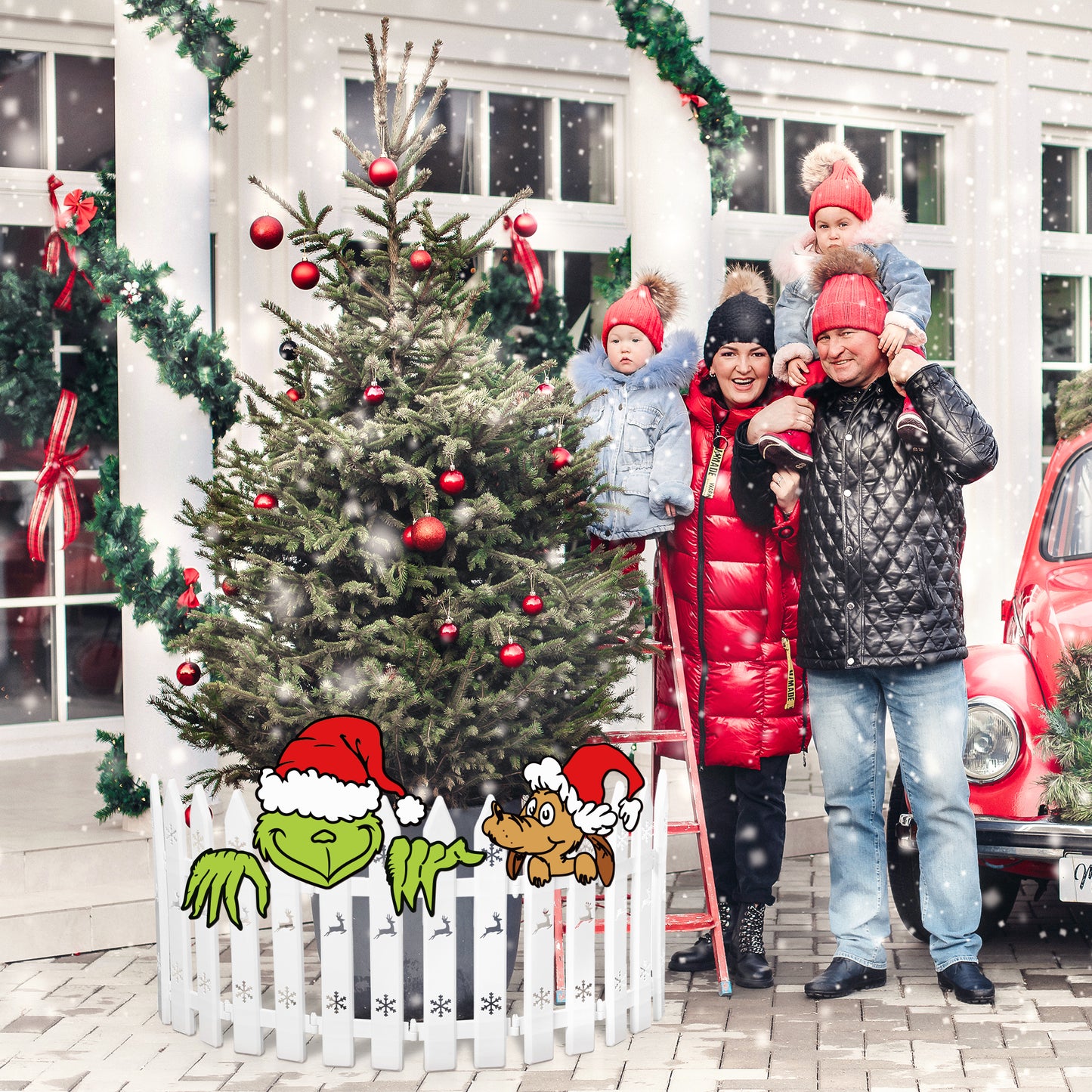CZgfva 24Pcs Green Monster Fence Peeker Decoration Set Thick White Plastic Picket Christmas Tree Fence with Funny Green Monster Dog Fence Peeker Sign Whoville Christmas Decor for Xmas Party Home Yard