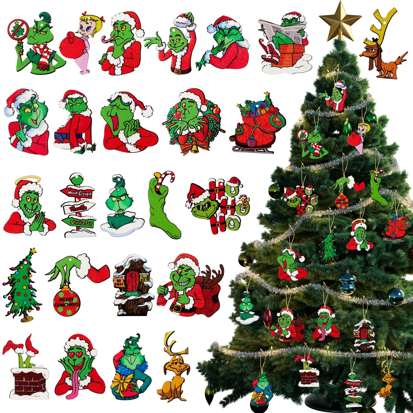 CZgfva 51Pcs Christmas Green Monster Wooden Hanging Ornament Green Monster Reindeer Cartoon Slices Cutout with Rope Whoville Decoration Hanging Tag Pendant for Christmas Tree Xmas Party Supplies Decor