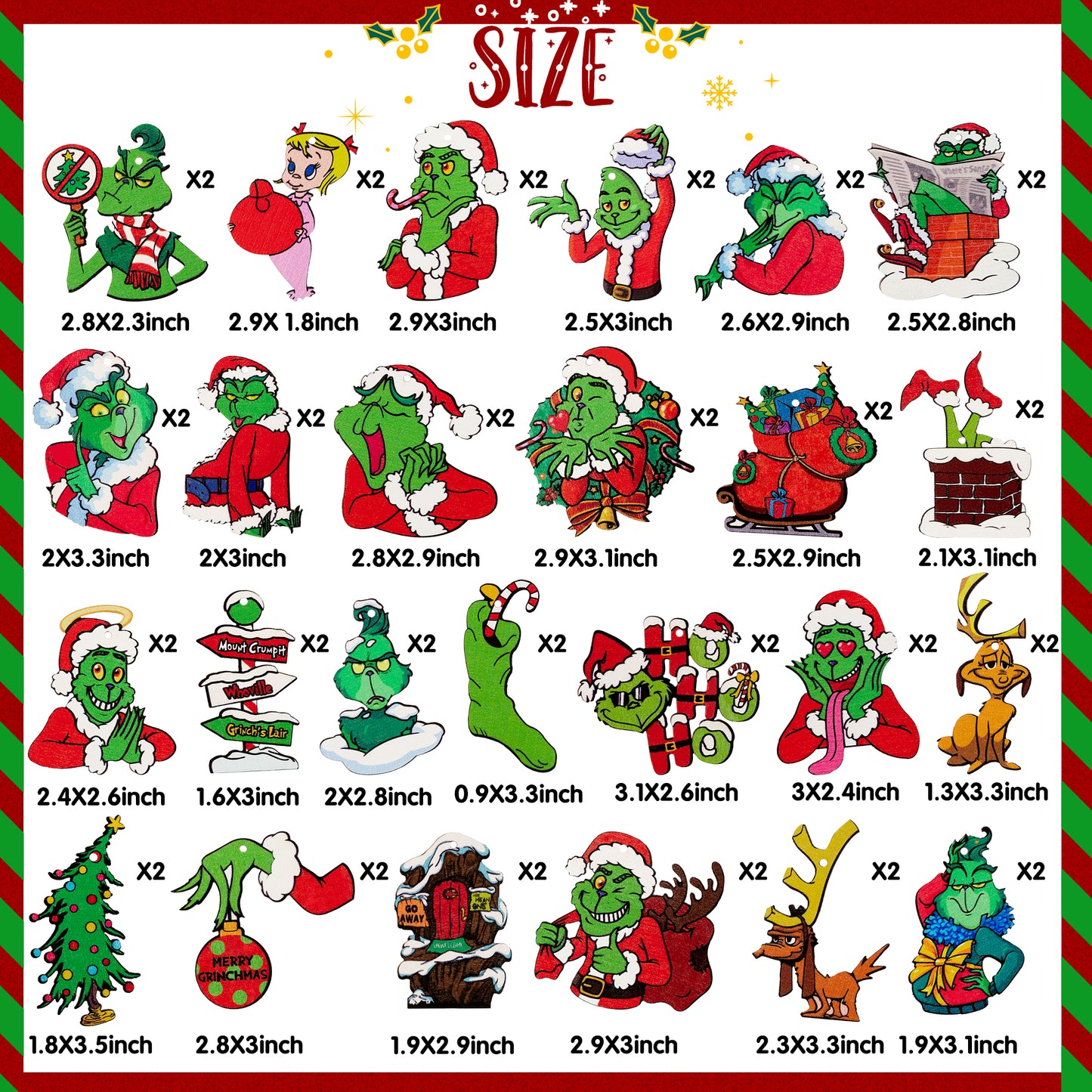 CZgfva 51Pcs Christmas Green Monster Wooden Hanging Ornament Green Monster Reindeer Cartoon Slices Cutout with Rope Whoville Decoration Hanging Tag Pendant for Christmas Tree Xmas Party Supplies Decor