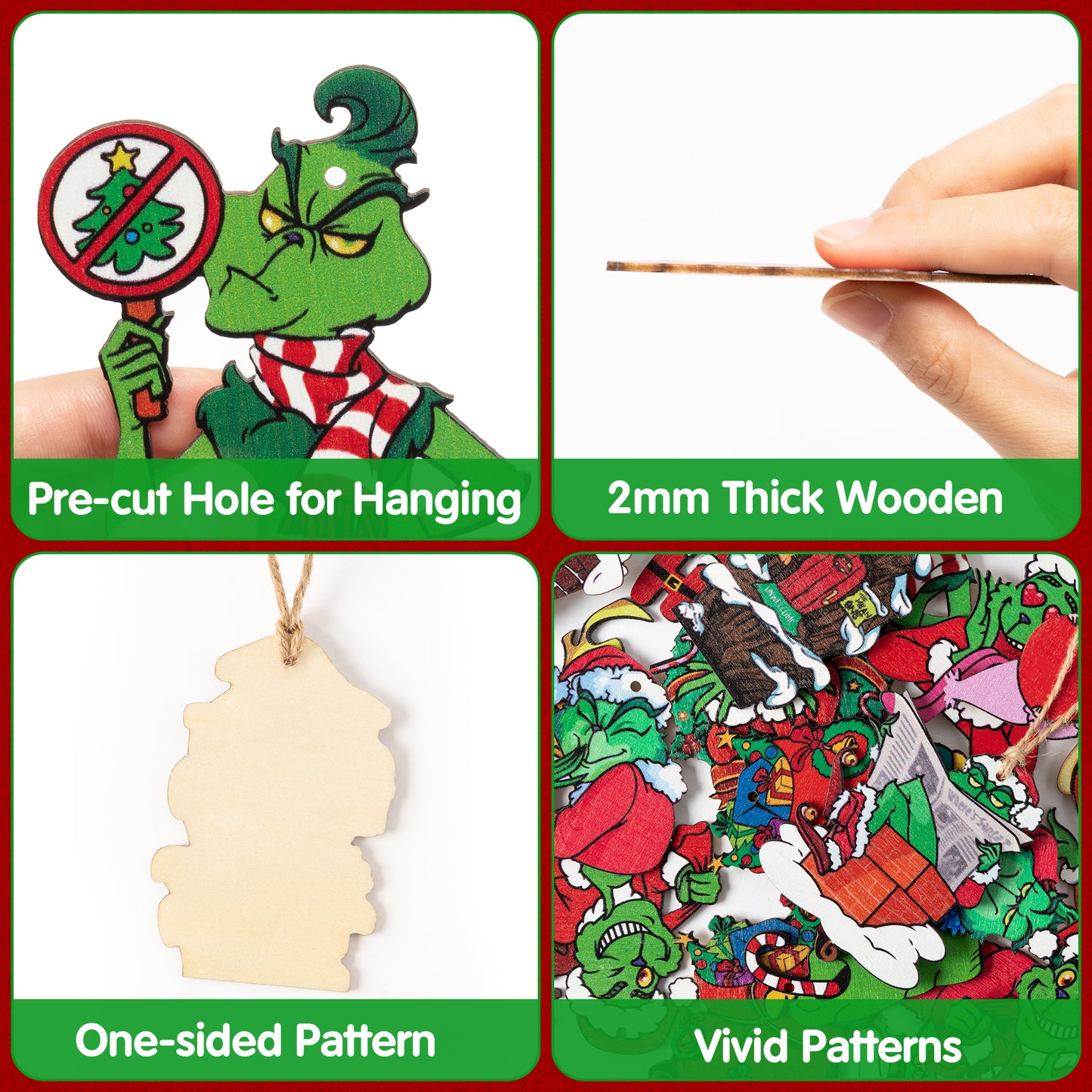 CZgfva 51Pcs Christmas Green Monster Wooden Hanging Ornament Green Monster Reindeer Cartoon Slices Cutout with Rope Whoville Decoration Hanging Tag Pendant for Christmas Tree Xmas Party Supplies Decor